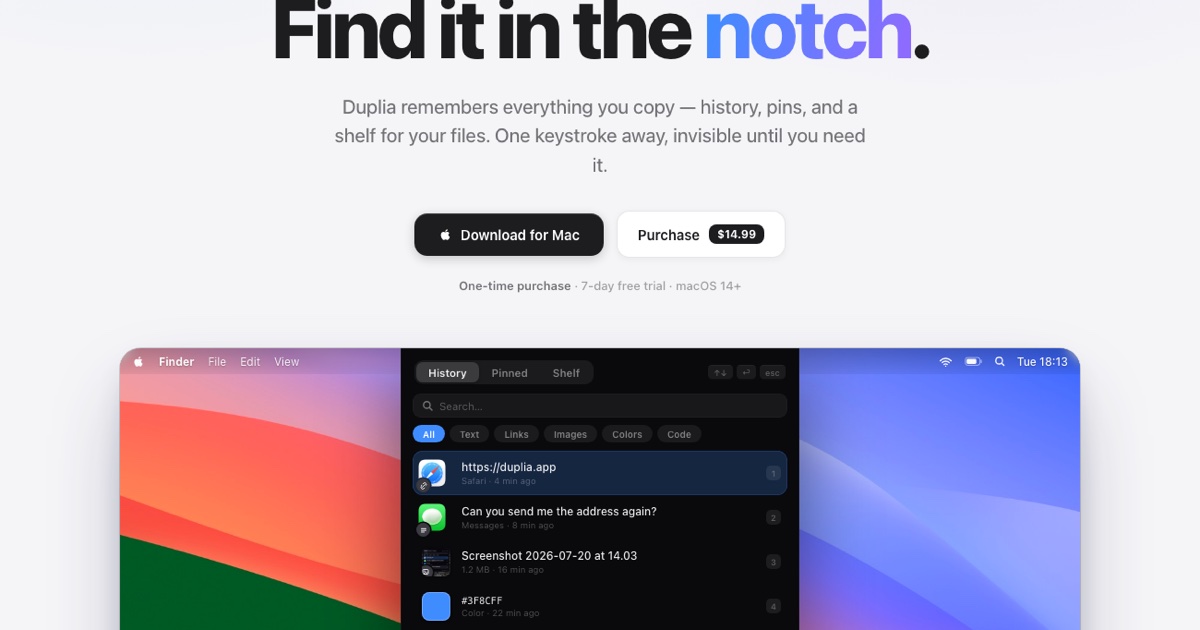 The Duplia clipboard panel opening from the MacBook notch